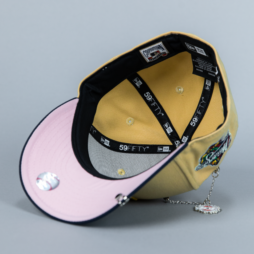 NEW ERA EXCLUSIVE 59FIFTY VEGAS GOLD/ NAVY SAN DIEGO PADRES W/ 1998 WORLD SERIES SIDE PATCH