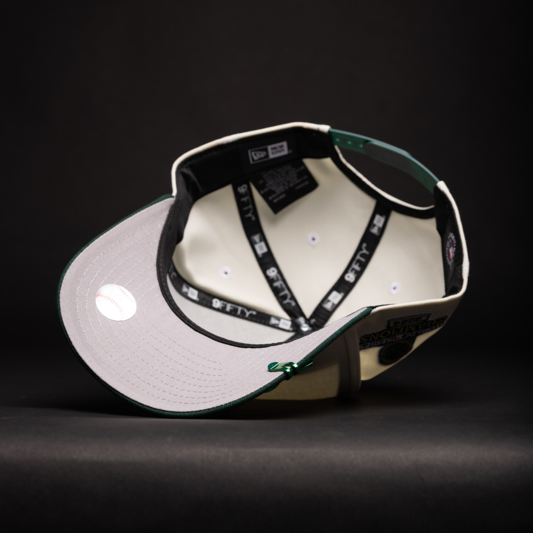 NEW ERA 9FIFTY A-FRAME CHROME/FOREST GREEN LOS ANGELES DODGERS SNAPBACK W/ WORLD SERIES CHAMPIONS SIDE PATCH