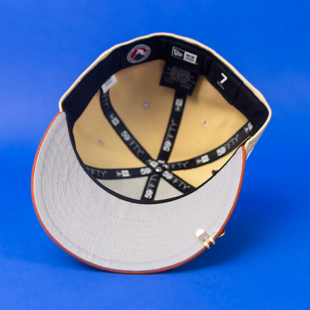NEW ERA EXCLUSIVE 59FIFTY VEGAS GOLD/ RUST "HOCKEY LEAGUE" W/ 5TH ANNIVERSARY SIDE PATCH