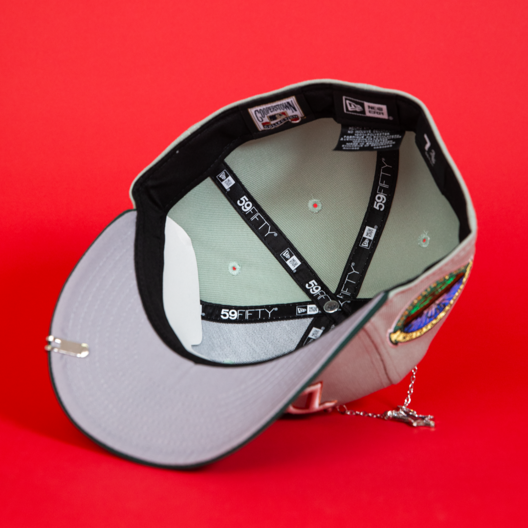 NEW ERA EXCLUSIVE 59FIFTY MINT/ FOREST GREEN LOS ANGELES DODGERS SCRIPT W/ 50TH ANNIVERSARY SIDE PATCH