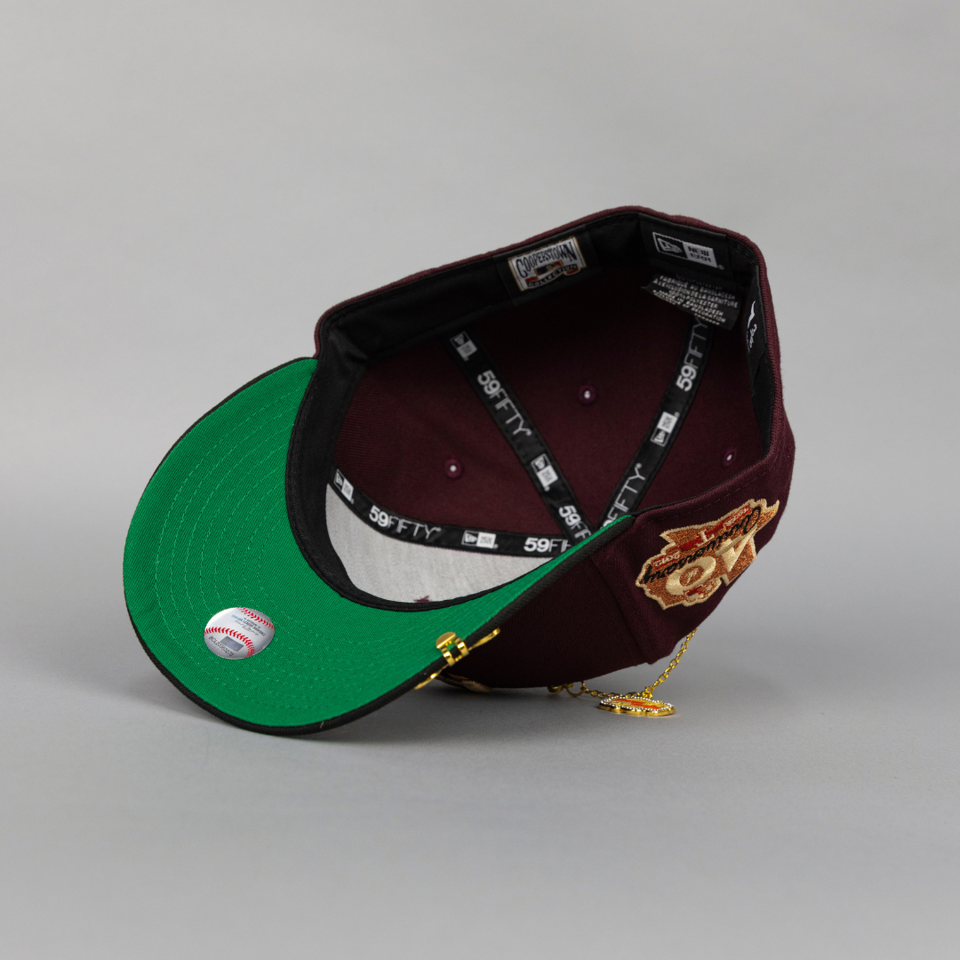NEW ERA EXCLUSIVE 59FIFTY BURGUNDY/ BLACK TEXAS RANGERS W/ 40TH ANNIVERSARY SIDE PATCH