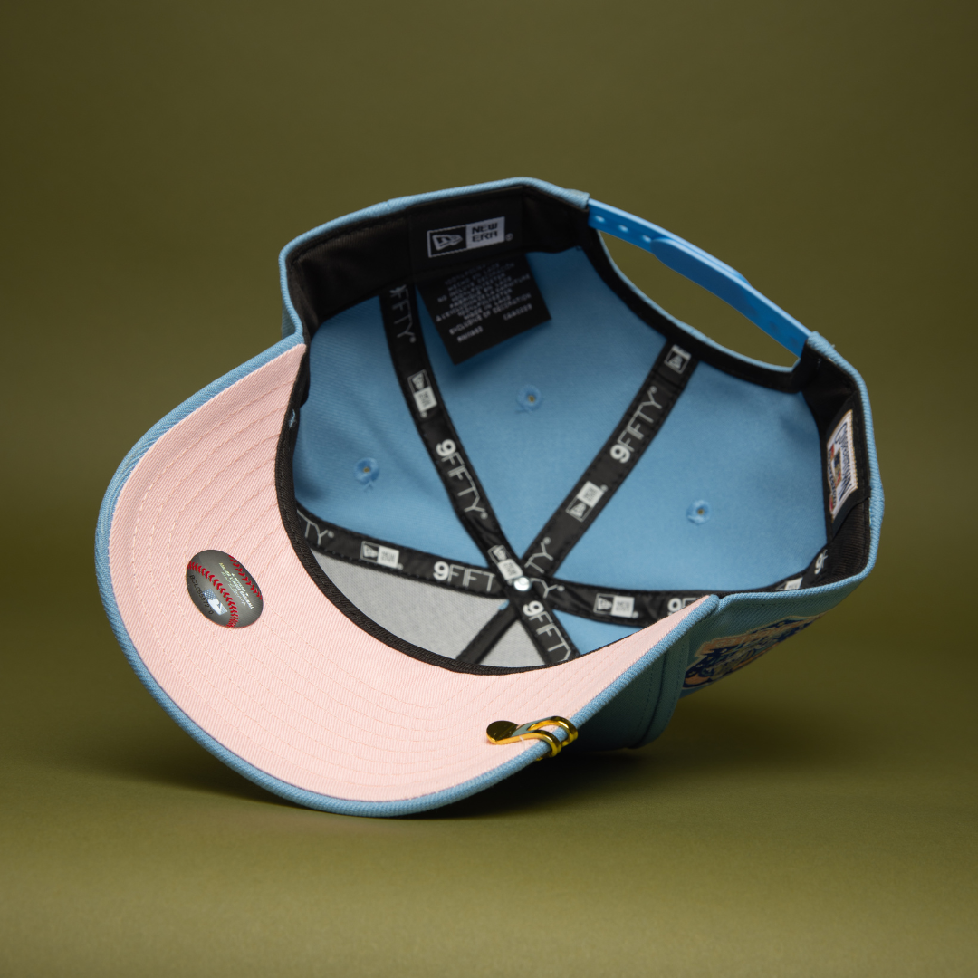 NEW ERA 9FIFTY A-FRAME ICY BLUE LOS ANGELES DODGERS SNAPBACK W/ PINK HEART + 60TH ANNIVERSARY SIDE PATCH