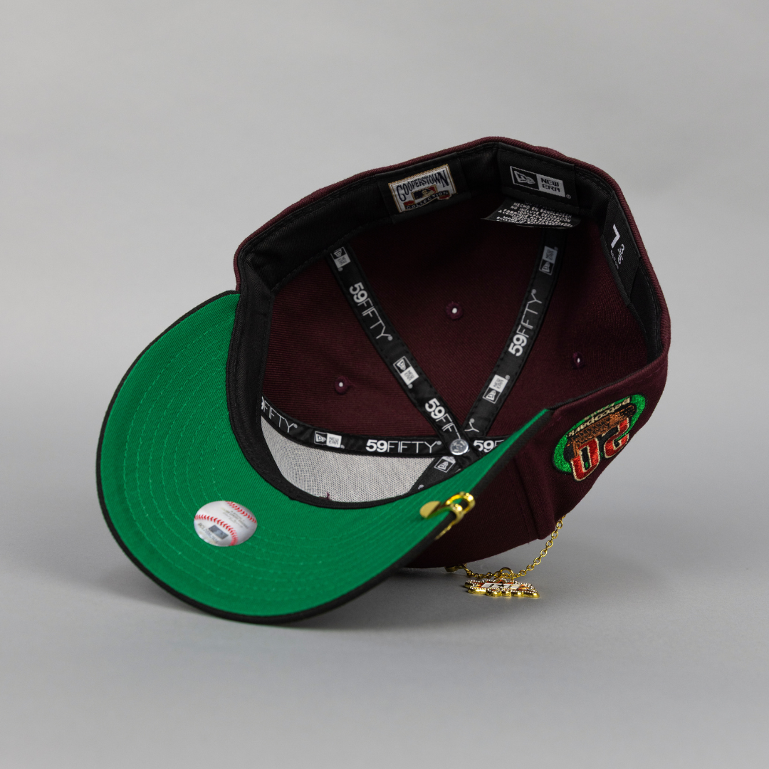 NEW ERA EXCLUSIVE 59FIFTY BURGUNDY/ BLACK SAN DIEGO PADRES W/ 20TH ANNIVERSARY SIDE PATCH