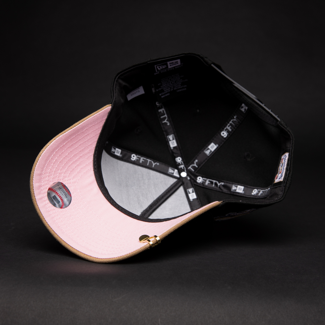 NEW ERA 9FIFTY A-FRAME BLACK/ BEIGE LOS ANGELS DODGERS SNAPBACK W/ PINK HEART + 40TH ANNIVERSARY SIDE PATCH