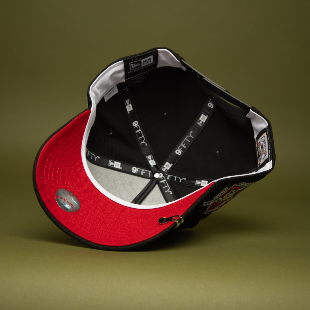 NEW ERA 9FIFTY A-FRAME BLACK LOS ANGELES DODGERS SNAPBACK W/ RED HEART + 50TH ANNIVERSARY SIDE PATCH
