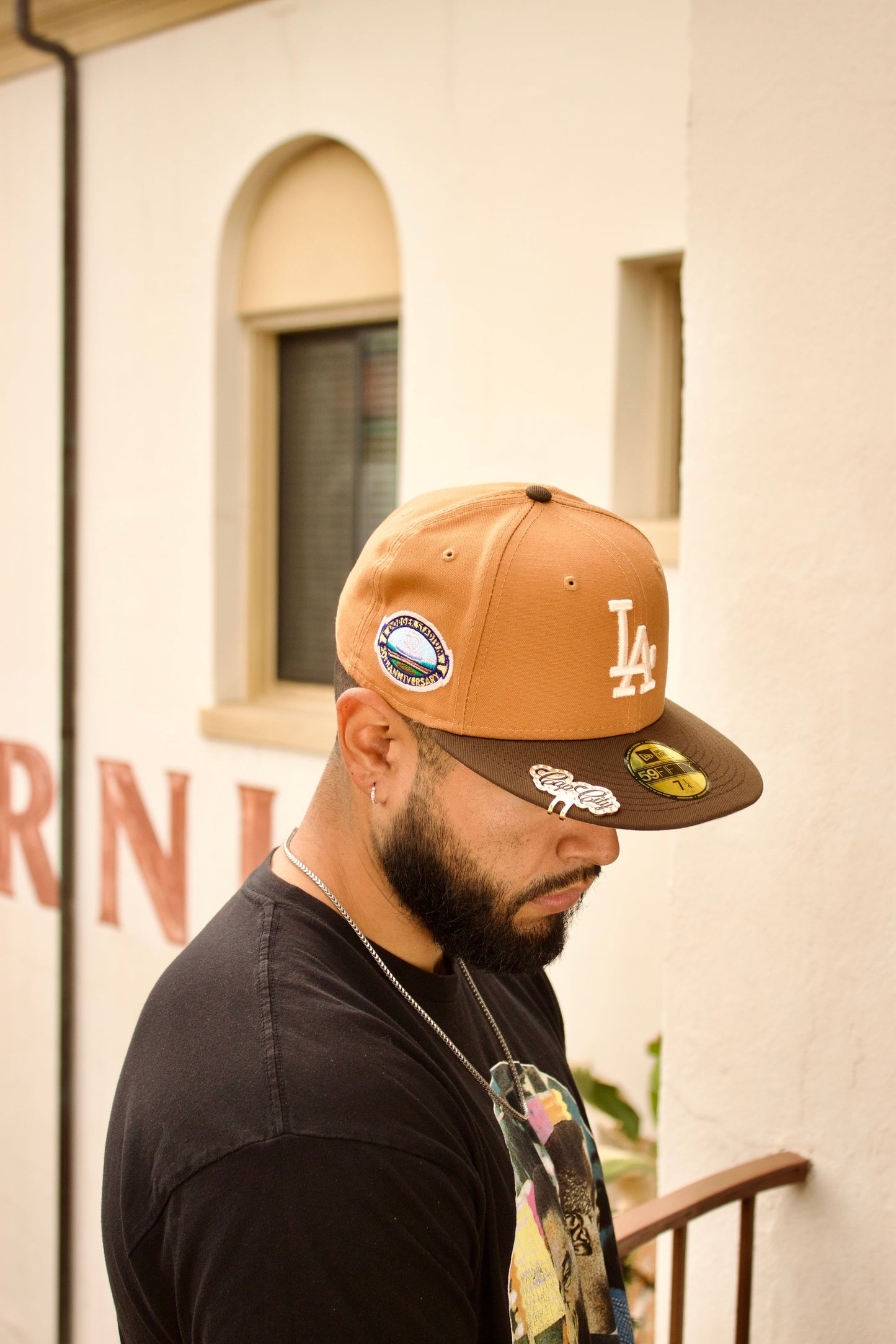 NEW ERA EXCLUSIVE 59FIFTY TAN/WALNUT LOS ANGELES DOGERS W/ 50TH ANNIVERSARY PATCH