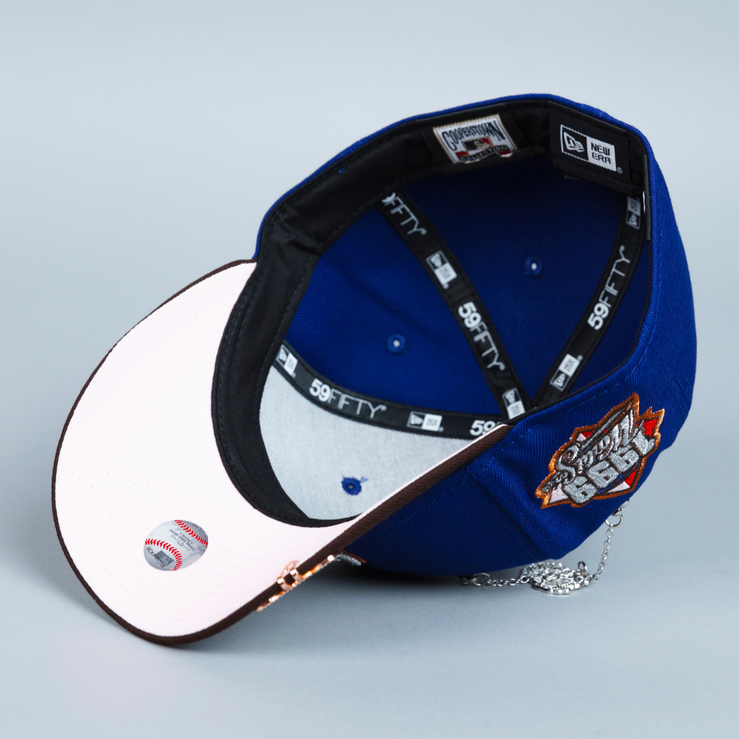 NEW ERA EXCLUSIVE 59FIFTY DARK BLUE/ BROWN ATLANTA BRAVES W/ 1999 WORLD SERIES SIDE PATCH