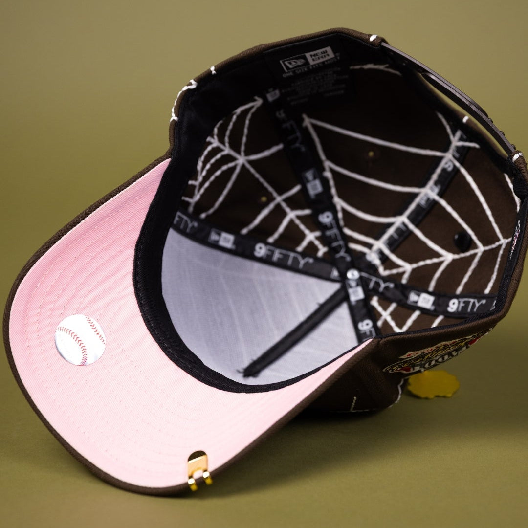 NEW ERA EXCLUSIVE 9FIFTY A-FRAME BROWN LOS ANGELES DODGERS SNAPBACK W/ SPIDER WEB + 100TH ANNIVERSARY SIDE PATCH