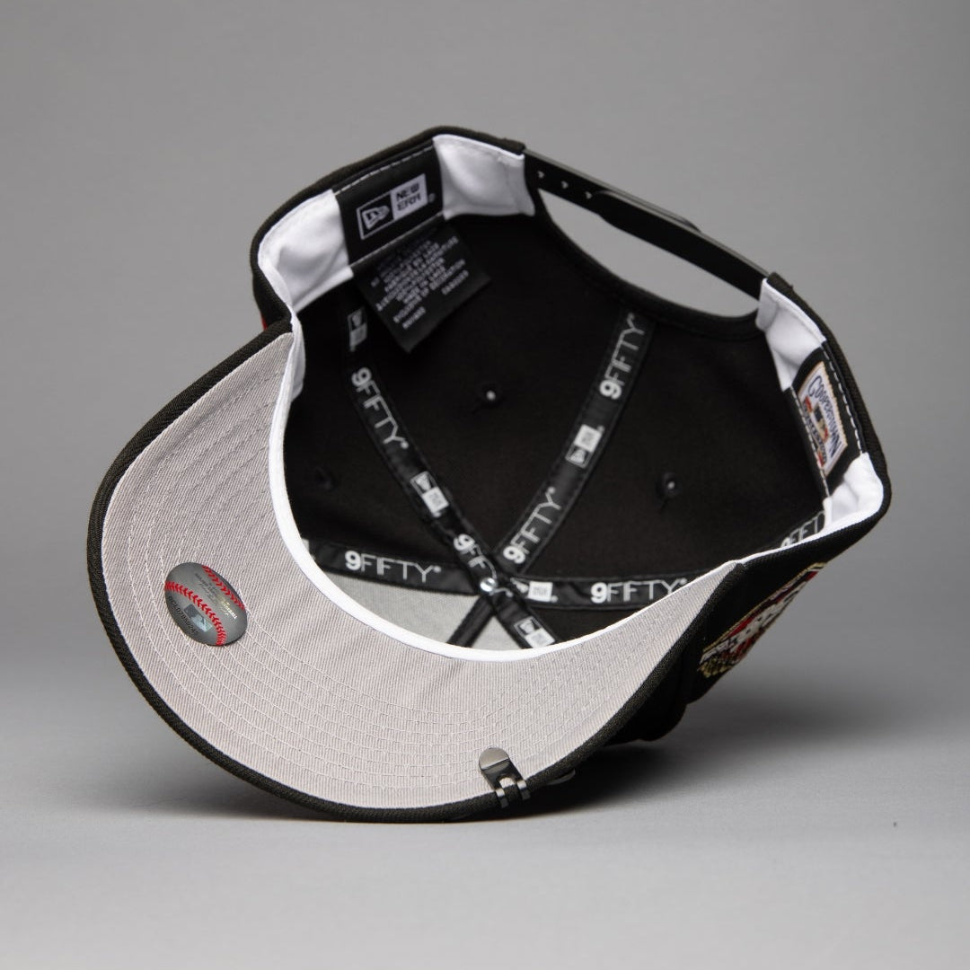 NEW ERA 9FIFTY A-FRAME BLACK BALTIMORE ORIOLES SNAPBACK W/ 50TH ANNIVERSARY SIDE PATCH