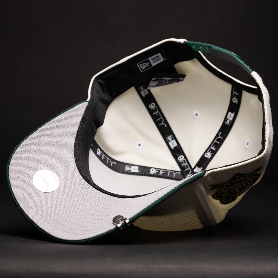 NEW ERA 9FIFTY A-FRAME CHROME/FOREST GREEN LOS ANGELES DODGERS SNAPBACK W/ WORLD SERIES CHAMPIONS SIDE PATCH