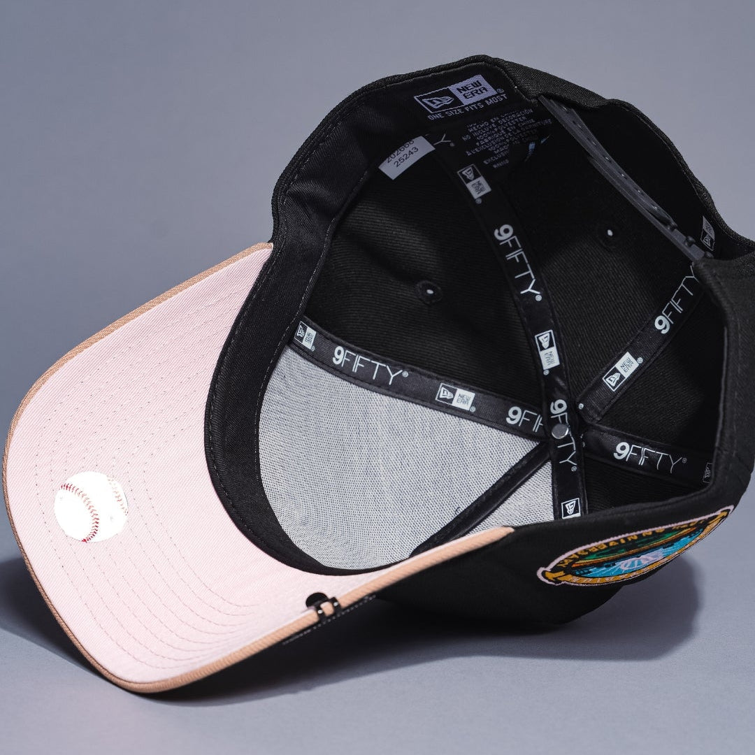 NEW ERA 9FIFTY A-FRAME BLACK/KHAKI LOS ANGELES DODGERS SNAPBACK W/ PINK HEART + 50TH ANNIVERSARY SIDE PATCH