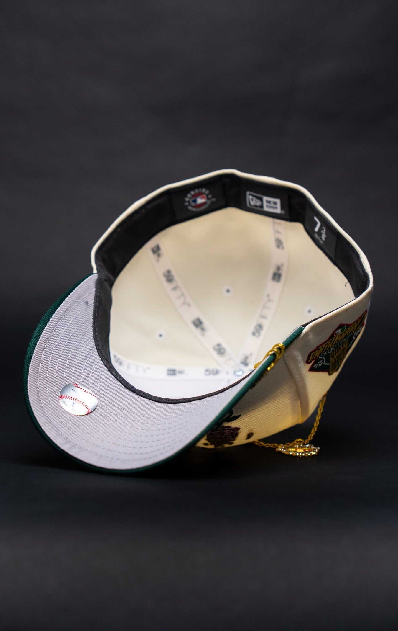 NEW ERA EXCLUSIVE 59FIFTY CHROME/FOREST GREEN LOS ANGELES DODGERS W/ BURNT ROSES + WORLD SERIES CHAMPIONS SIDE PATCH
