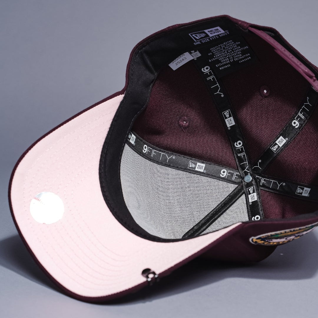 NEW ERA 9FIFTY A-FRAME BURGUNDY LOS ANGELES DODGERS SNAPBACK W/ HEART + 50TH ANNIVERSARY SIDE PATCH