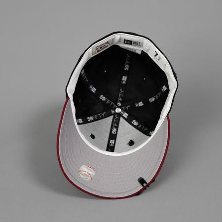 NEW ERA EXCLUSIVE 59FIFTY BLACK SATIN/ BURGUNDY UPSIDE DOWN LOS ANGELES DODGERS W/ 40TH ANNIVERSARY SIDE PATCH