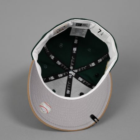 NEW ERA EXCLUSIVE 59FIFTY FOREST GREEN/ KHAKI UPSIDE DOWN LOS ANGELES DODGERS W/ WORLD SERIES CHAMPIONS SIDE PATCH
