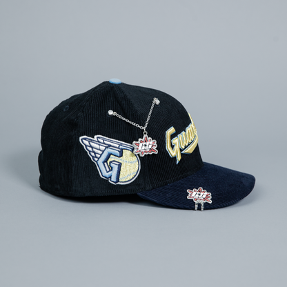NEW ERA EXCLUSIVE 59FIFTY BLACK/ NAVY CORDUROY CLEVELAND GUARDIANS SCRIPT W/ GUARDIANS LOGO SIDE PATCH