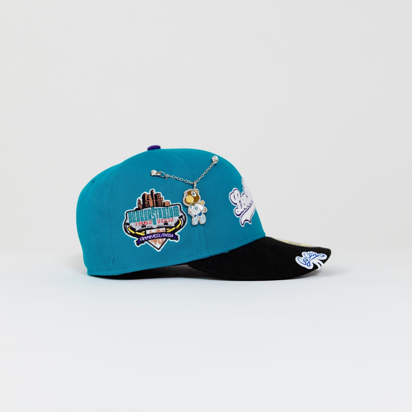 NEW ERA EXCLUSIVE 59FIFTY AQUA BLUE/ BLACK LOS ANGELES DODGERS SCRIPT W/ 40TH ANNIVERSARY SIDE PATCH