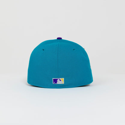 NEW ERA EXCLUSIVE 59FIFTY AQUA BLUE/ BLACK LOS ANGELES DODGERS SCRIPT W/ 40TH ANNIVERSARY SIDE PATCH