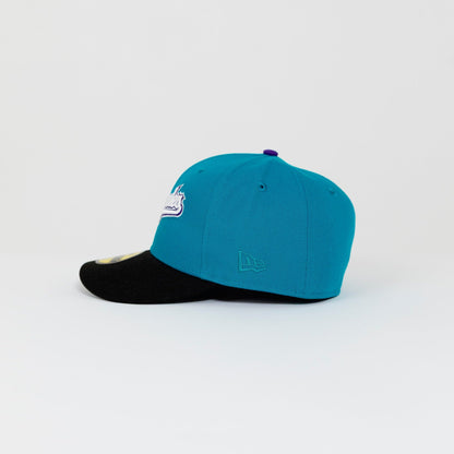 NEW ERA EXCLUSIVE 59FIFTY AQUA BLUE/ BLACK LOS ANGELES DODGERS SCRIPT W/ 40TH ANNIVERSARY SIDE PATCH