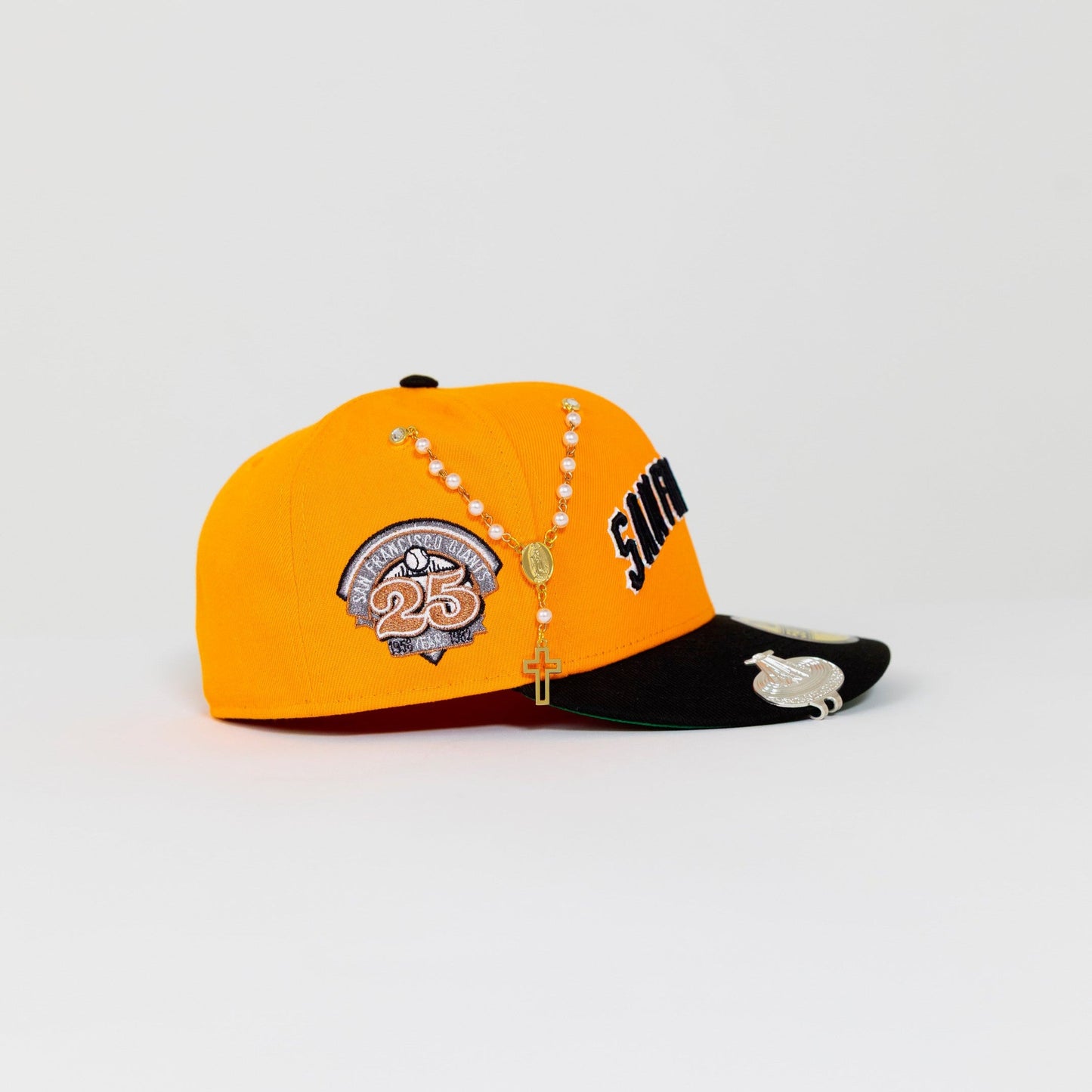 NEW ERA EXCLUSIVE 59FIFTY ORANGE/ BLACK SAN FRANCISCO GIANTS SCRIPT W/ 25TH ANNIVERSARY SIDE PATCH