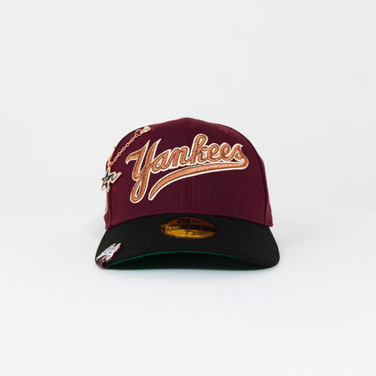 NEW ERA EXCLUSIVE 59FIFTY MAROON/ BLACK NEW YORK YANKEES SCRIPT W/ 1949 WORLD SERIES SIDE PATCH