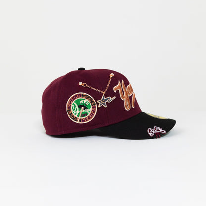 NEW ERA EXCLUSIVE 59FIFTY MAROON/ BLACK NEW YORK YANKEES SCRIPT W/ 1949 WORLD SERIES SIDE PATCH
