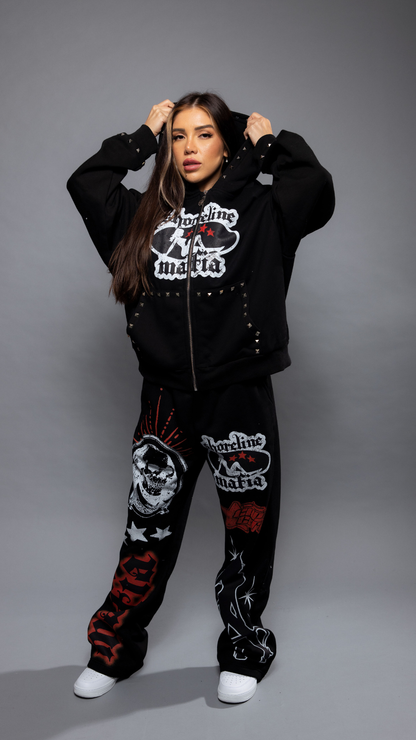 CAP CITY X SHORELINE MAFIA BLACK STUDDED ZIP UP HOODIE - UNISEX