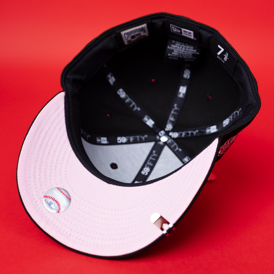 NEW ERA EXCLUSIVE 59FIFTY BLACK ATLANTA BRAVES W/ PINK ROSE + 1999 WORLD SERIES SIDE PATCH