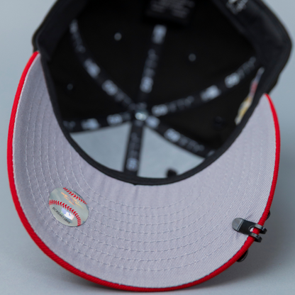 NEW ERA EXCLUSIVE 59FIFTY BLACK/ RED UPSIDE DOWN LOS ANGELES DODGERS W/ 40TH ANNIVERSARY SIDE PATCH