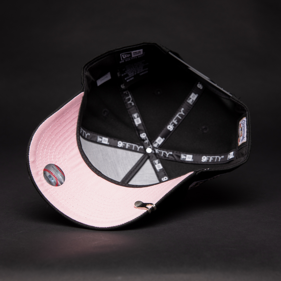 NEW ERA 9FIFTY A-FRAME BLACK LOS ANGELES DODGERS SNAPBACK W/ PINK HEART + 2020 WORLD SERIES SIDE PATCH