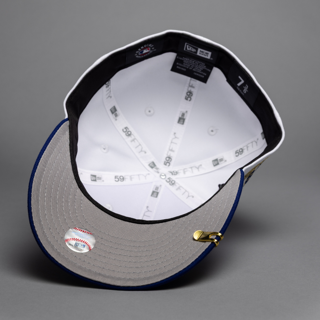 NEW ERA EXCLUSIVE 59FIFTY PEARL WHITE/BLUE LOS ANGELES DODGERS W/ EMBROIDERY + WORLD SERIES CHAMPIONS SIDE PATCH