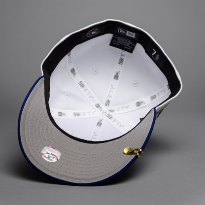 NEW ERA EXCLUSIVE 59FIFTY PEARL WHITE/BLUE LOS ANGELES DODGERS W/ EMBROIDERY + WORLD SERIES CHAMPIONS SIDE PATCH
