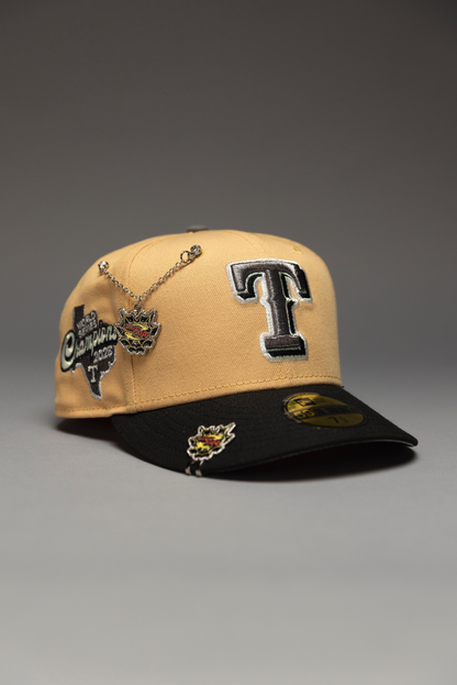 NEW ERA EXCLUSIVE 59FIFTY PEACH/BLACK TEXAS RANGERS W/ WORLD SERIES CHAMPIONS SIDE PATCH