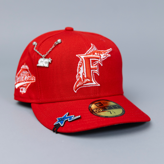 NEW ERA EXCLUSIVE 59FIFTY RED FLORIDA MARLINS W/ 1997 WORLD SERIES SIDE PATCH