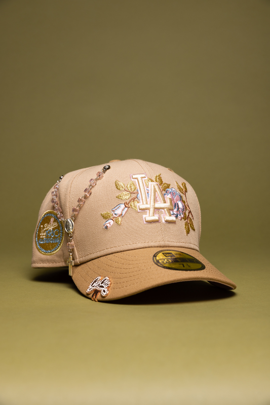 NEW ERA EXCLUSIVE 59FIFTY BEIGE LOS ANGELES DODGERS W/ PINK ROSE + 1980 ALL STAR GAME SIDE PATCH