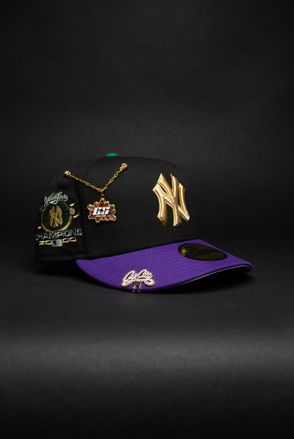 NEW ERA EXCLUSIVE 59FIFTY BLACK/PURPLE NEW YORK YANKEES W/ WORLD SERIES CHAMPIONS SIDE PATCH