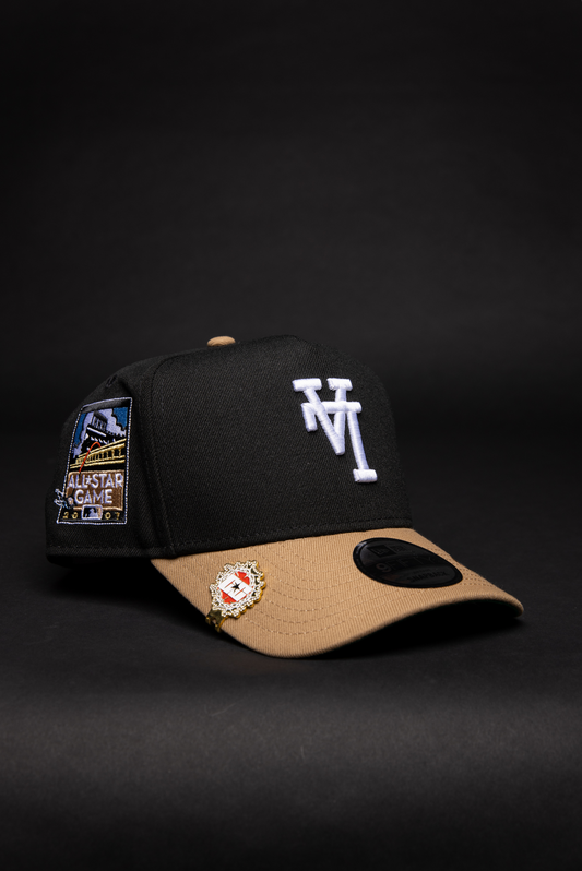 NEW ERA 9FIFTY A-FRAME BLACK/ BEIGE UPSIDE DOWN LOS ANGELES DODGERS SNAPBACK W/ ALL STAR GAME SIDE PATCH