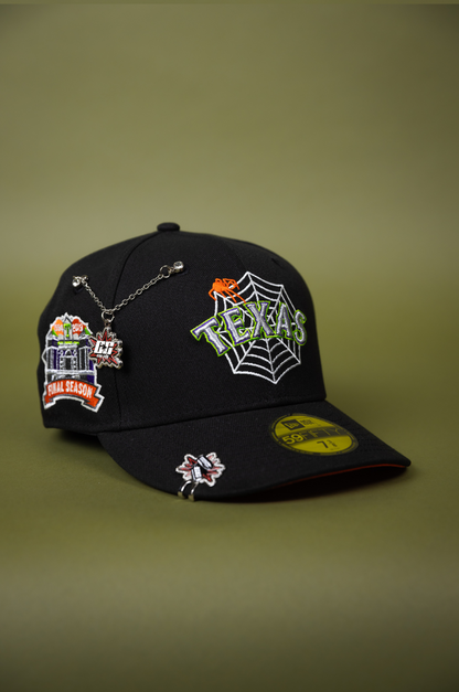 NEW ERA EXCLUSIVE 59FIFTY BLACK TEXAS RANGERS W/ SPIDER WEB LOGO + FINAL SEASON SIDE PATCH