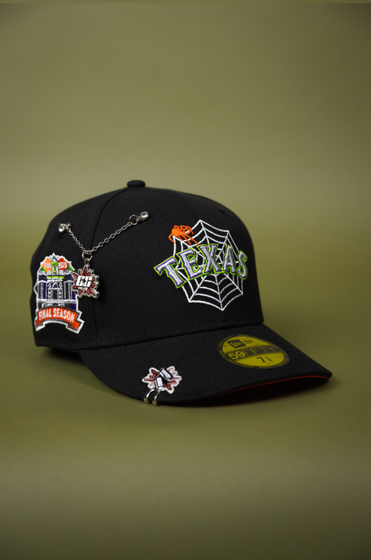 NEW ERA EXCLUSIVE 59FIFTY BLACK TEXAS RANGERS W/ SPIDER WEB LOGO + FINAL SEASON SIDE PATCH