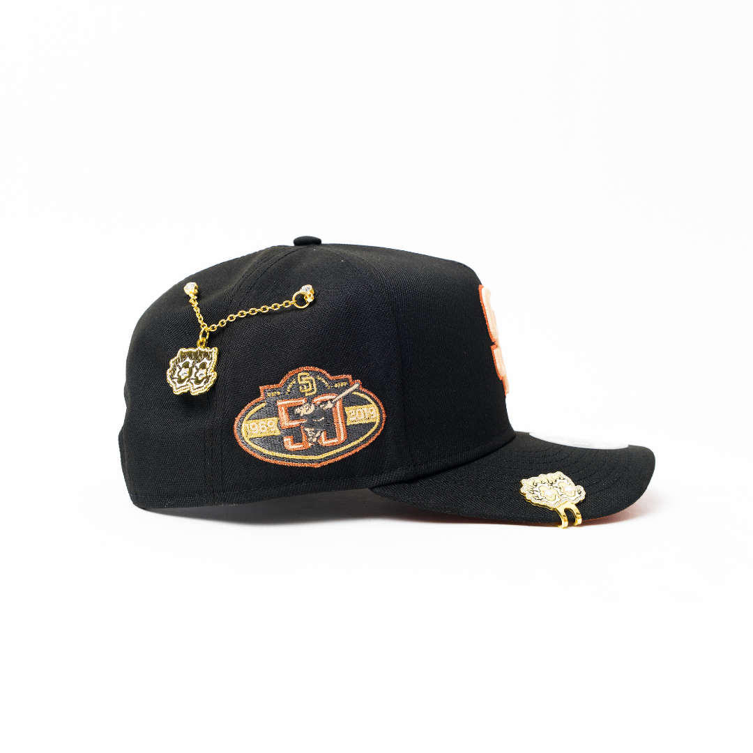 NEW ERA 9FIFTY A-FRAME BLACK SAN DIEGO PADRES SNAPBACK W/ 50TH ANNIVERSARY SIDE PATCH