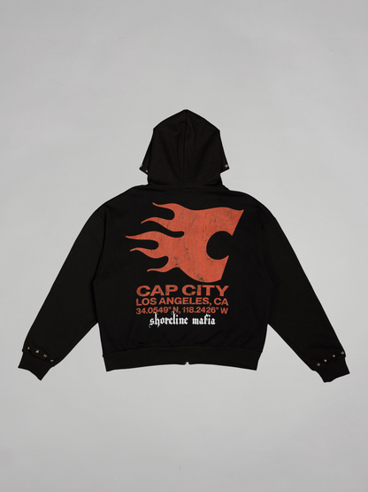 CAP CITY X SHORELINE MAFIA BLACK STUDDED ZIP UP HOODIE - UNISEX