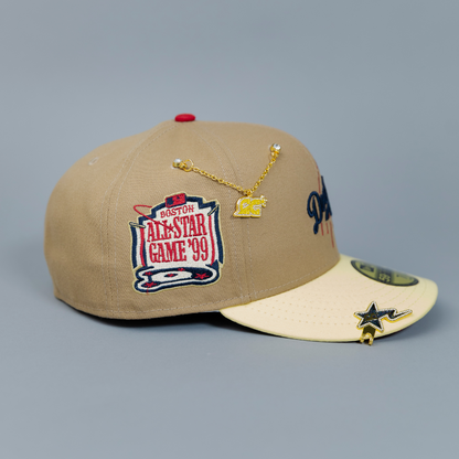 NEW ERA EXCLUSIVE 59FIFTY KHAKI/ YELLOW LOS ANGELES DODGERS SCRIPT W/ 1999 ALL STAR GAME SIDE PATCH