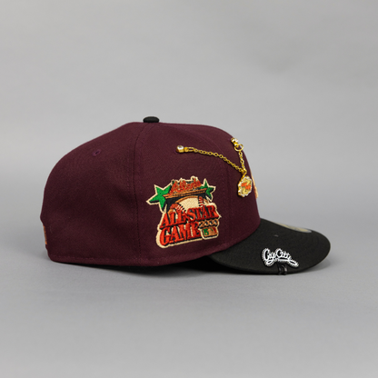 NEW ERA EXCLUSIVE 59FIFTY BURGUNDY/ BLACK ATLANTA BRAVES W/ 2000 ALL STAR GAME SIDE PATCH