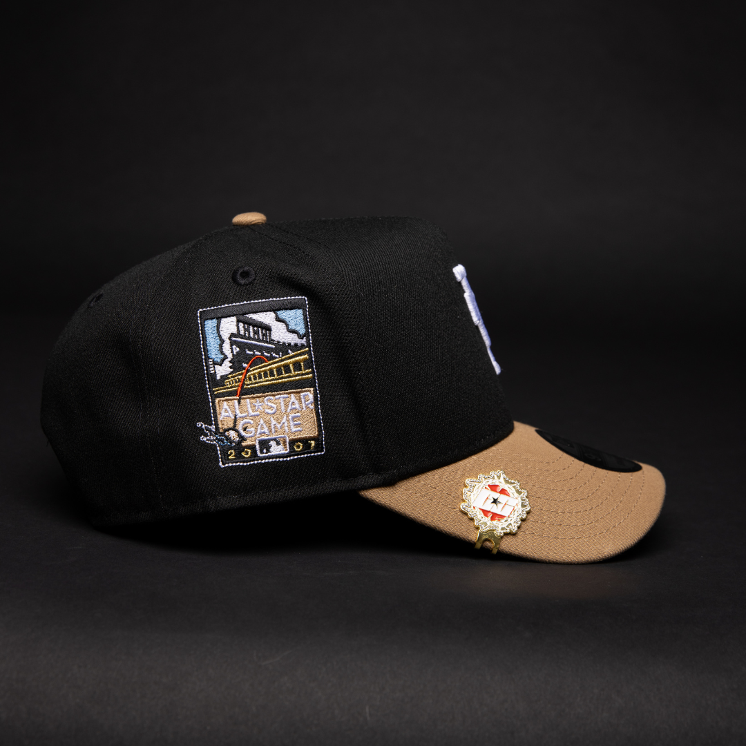 NEW ERA 9FIFTY A-FRAME BLACK/ BEIGE UPSIDE DOWN LOS ANGELES DODGERS SNAPBACK W/ ALL STAR GAME SIDE PATCH