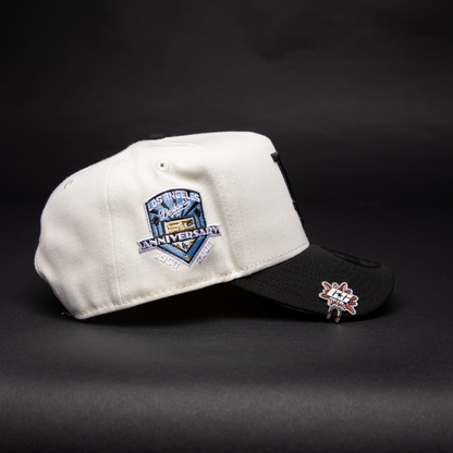 NEW ERA 9FIFTY A-FRAME CHROME/ BLACK LOS ANGELES DODGERS SNAPBACK W/ HEART + 50TH ANNIVERSARY SIDE PATCH