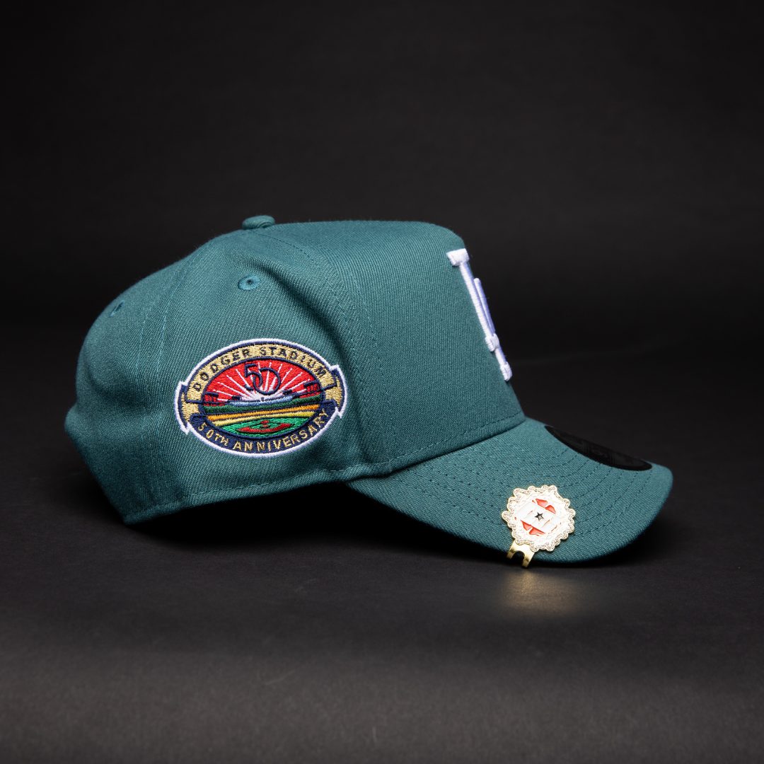 NEW ERA 9FIFTY A-FRAME PINE GREEN LOS ANGELES DODGERS SNAPBACK W/ RED HEART + 50TH ANNIVERSARY SIDE PATCH