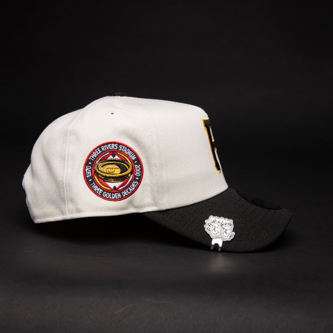 NEW ERA 9FIFTY A-FRAME CHROME/ BLACK PITTSBURGH PIRATES SNAPBACK W/ THREE RIVERS STADUM SIDE PATCH