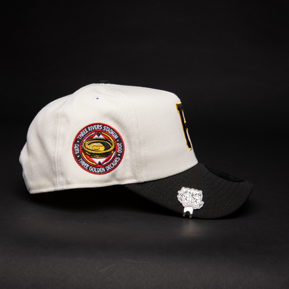 NEW ERA 9FIFTY A-FRAME CHROME/ BLACK PITTSBURGH PIRATES SNAPBACK W/ THREE RIVERS STADUM SIDE PATCH