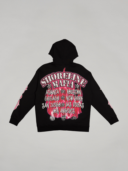 CAP CITY X SHORELINE MAFIA BLACK/PINK AIR BRUSH ZIP UP HOODIE W/ RHINESTONES - UNISEX