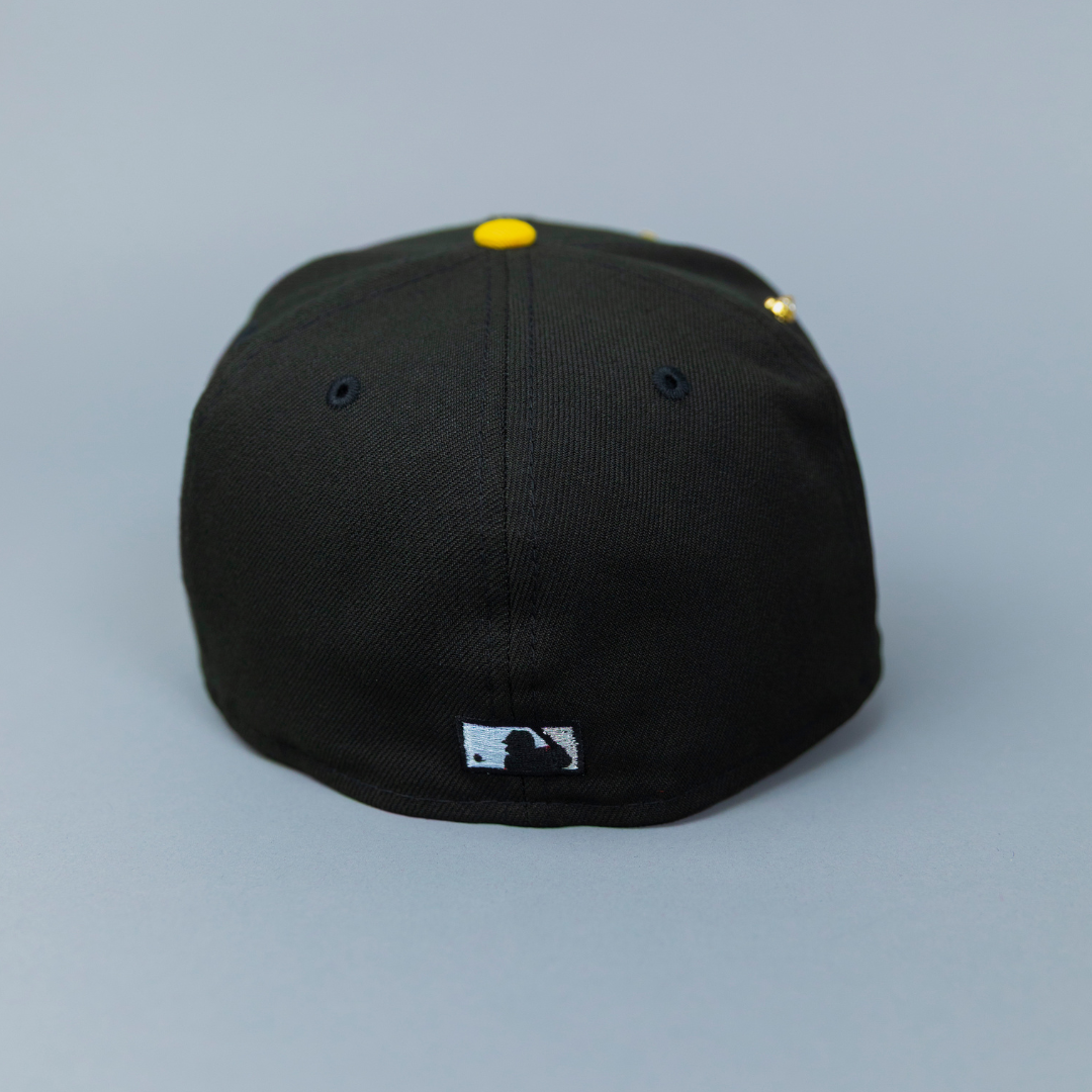 NEW ERA EXCLUSIVE 59FIFTY BLACK/ YELLOW LOS ANGELES DODGERS SCRIPT W/ 60TH ANNIVERSARY SIDE PATCH
